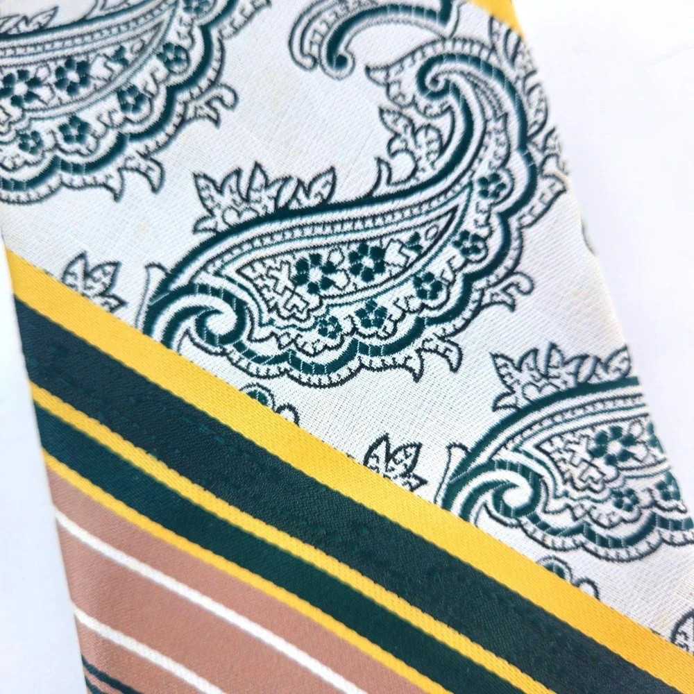 Vintage 70s/80s Jean‎ Claude Vidal Green Gold Mens Paisley Stripe Necktie USA